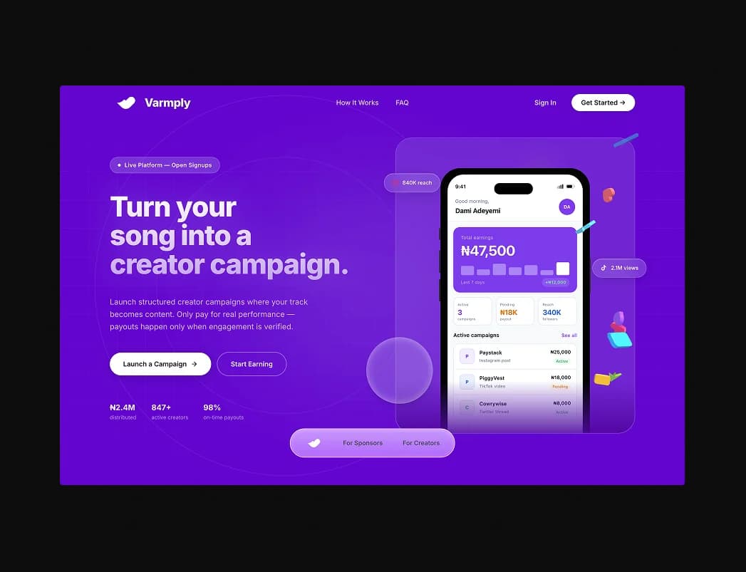 Varmply case study — two-sided creator marketplace marketing site